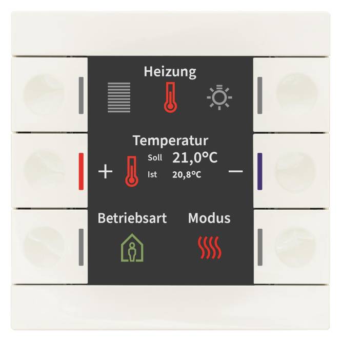 Heizungssteuerfeld mit aktueller Temperatur von 20,8 °C, Zieltemperatur auf 21 °C eingestellt, mit Optionen für Heizmodus und Betriebsart.
