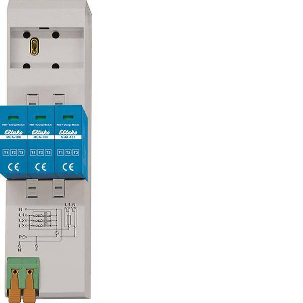 Dreiphasen-Spannungsüberwachungsrelais in weißem Gehäuse mit gekennzeichneten Schaltern und Anschlussports für elektrische Verbindungen.