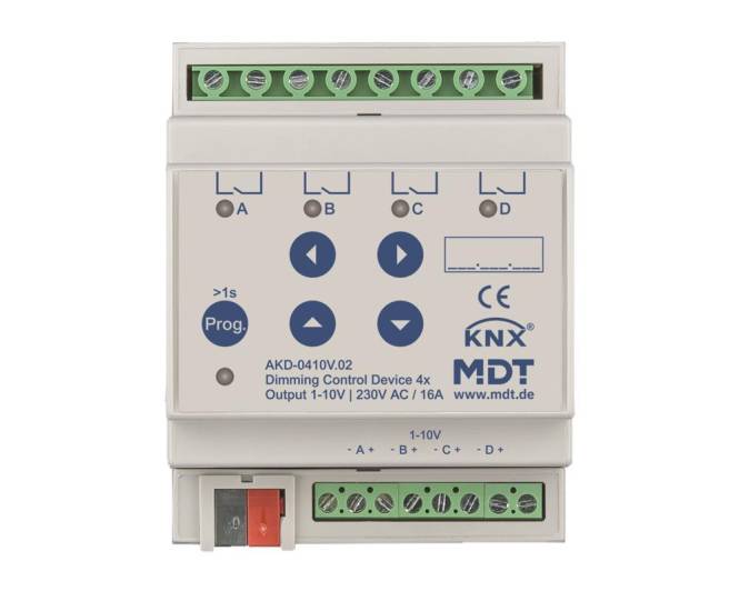 „Dimmgerät AKD-0410V.02 von MDT, mit Steuertasten A-D, Programmiertaste, Ein-/Ausgabeklemmen und CE-Kennzeichnung.