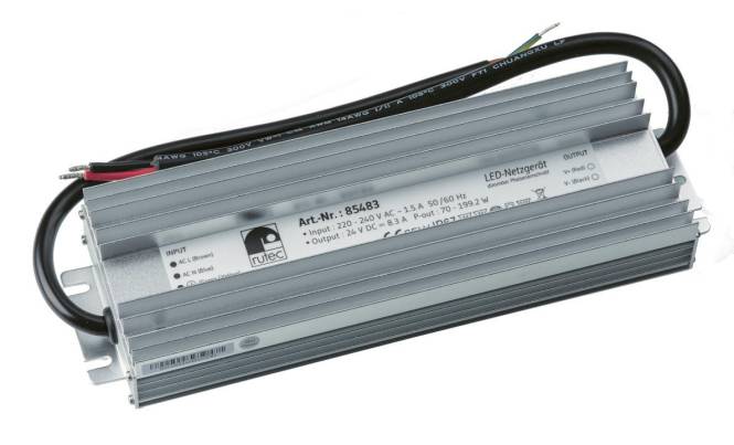LED-Treiber mit Modell 'Art-Nr: 85483', Eingang 220-240V AC, 1,5A, 50/60Hz, und Ausgang 24V DC, 8,3A.