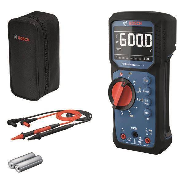 Bosch Digitales Multimeter mit schwarzem Tragekoffer, roten und schwarzen Prüfspitzen und zwei AA-Batterien.