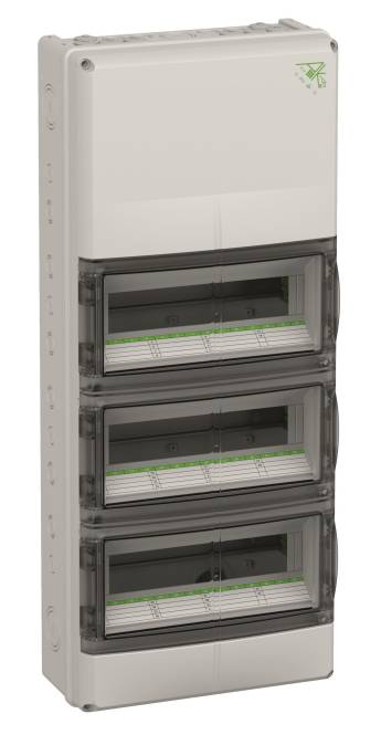 Ein dreiteiliges Elektroschutzschalter-Schaltfeld mit transparenten Abdeckungen, die Reihen für Leitungsschutzschalter und Verdrahtungsverbindungen zeigen.