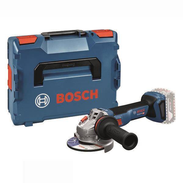 Ein kabelloses Bosch-Winkelschleifer mit blauem und rotem Transportkoffer, mit dem Bosch-Logo prominent auf Werkzeug und Koffer.