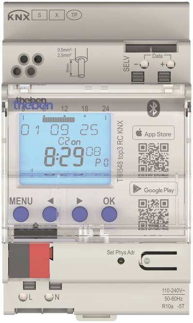 Theben-Timer-Display mit Anzeige 09:25, Bluetooth-Symbol, QR-Codes und App-Store-Logos. Schaltflächen mit Beschriftung MENU, OK und Navigationspfeile.