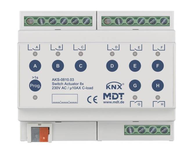 MDT Schaltaktor, Modell AKS-0810.03, mit 8 Ausgängen für KNX-Systeme, geeignet für 230V AC, C-Last bis 10A, sechs beschriftete Tasten.