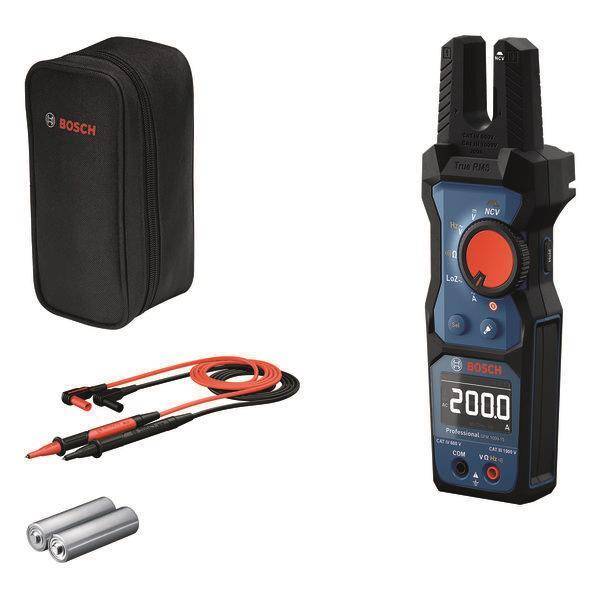 Bosch digitales Multimeter mit Zubehör: Messleitungen, Gehäuse und Batterien, zeigt „200,0 A