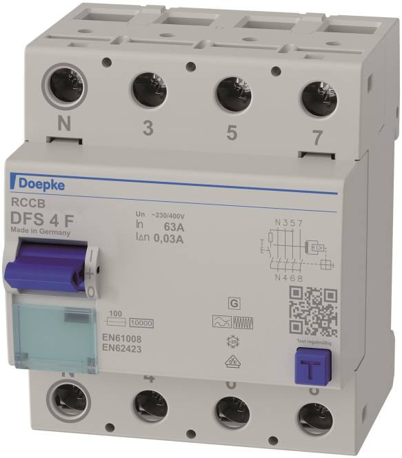 Doepke RCCB DFS 4 F', ein elektrischer Fehlerstromschutzschalter mit 63A, 400V, 4-polig und einer Prüftaste.