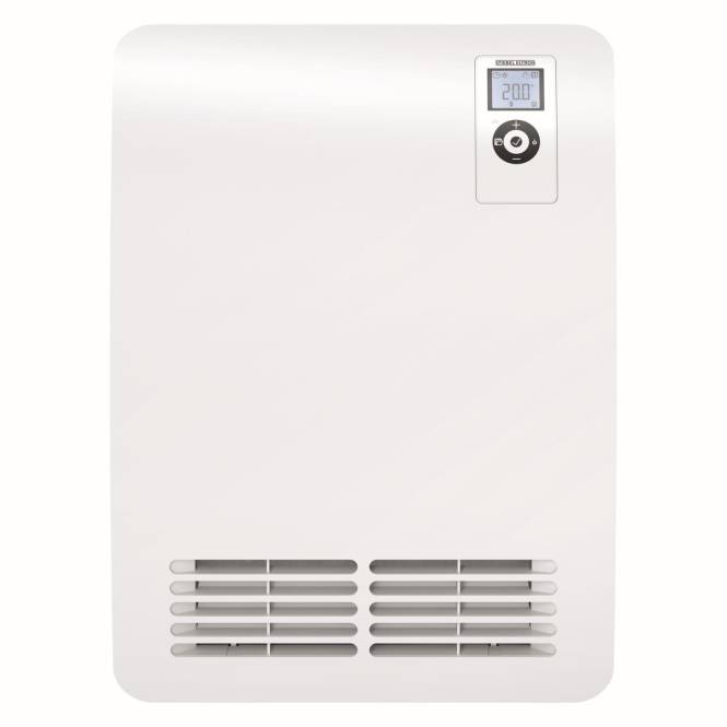 Wandmontierter weißer Heizkörper mit digitaler Anzeige; zeigt 