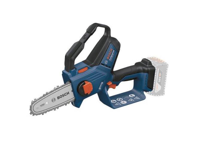 Eine kabellose Bosch-Minisäge mit blauem und schwarzem Gehäuse, sichtbarem Sägeblatt und ergonomischem Griff, konzipiert für kleine Schnittaufgaben.