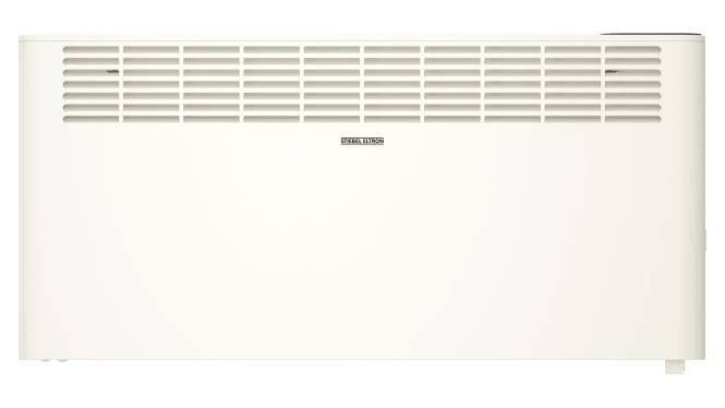 Ein an der Wand montierter weißer Konvektionsheizkörper mit belüftetem Oberteil, konstruiert für die Kontrolle des Raumklimas.