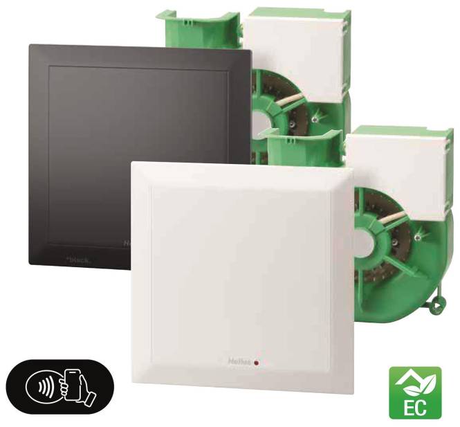 Zwei elegante quadratische Geräte, eines schwarz und eines weiß, mit Lüfterkomponenten. Symbole deuten auf Touchsteuerung und Energieeffizienz hin.