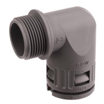 Eine graue Kunststoffrohrwinkel-Verbindung mit Gewinde an einem Ende, entwickelt für Sanitär- oder Bewässerungssysteme.