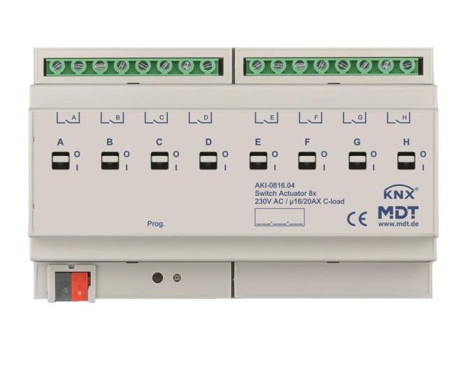 Ein KNX-Schaltaktor mit mehreren gekennzeichneten Anschlüssen (A bis F), Tasten und LED-Indikatoren, der zur Steuerung von Stromkreisen verwendet wird.