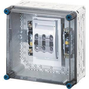 Eine transparente Elektroverteilerdose mit sichtbarem Leitungsschutzschalter, mit durchsichtigem Deckel und schützenden blauen Eckenkappen.