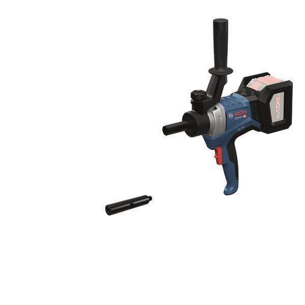 Ein kabelloses Elektrowerkzeug mit blauem und schwarzem Design, mit einem pistolenförmigen Griff, neben einem langen Sechskantaufsatz platziert.
