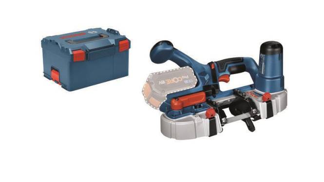 Ein blau-schwarzes tragbares Elektrowerkzeug mit einer Tragetasche daneben. Das Werkzeug verfügt über einen Griff, eine Klinge und einen Akku.