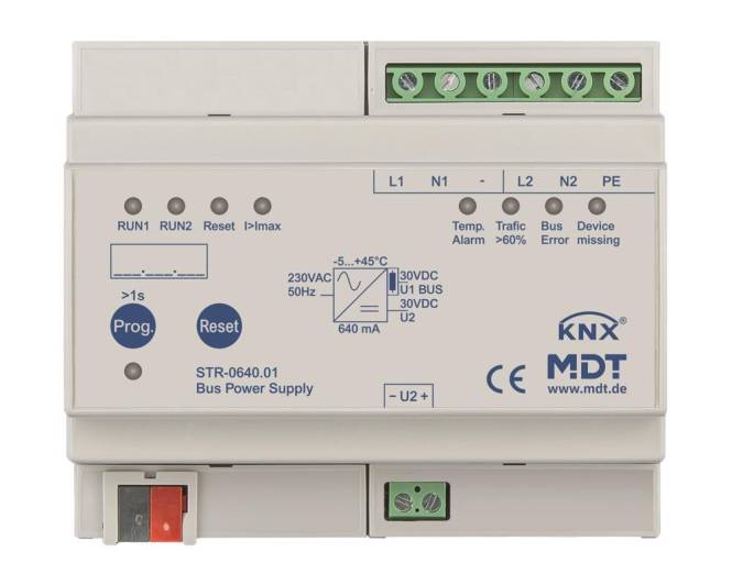 KNX MDT STR-0640.01 Busnetzteil mit verschiedenen Steckverbindern und Bedienungselementen. Zeigt technische Spezifikationen wie Spannung und Strom an.