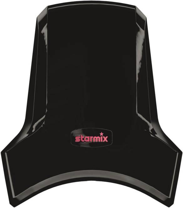 Schwarze Starmix-Haartrocknerhaube mit glänzender Oberfläche und rosa Logo in der Mitte.