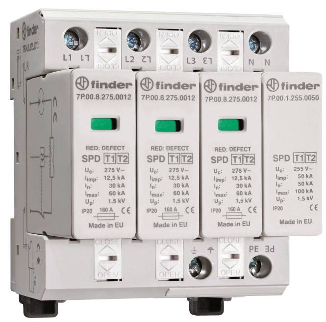 Ein Überspannungsschutzgerät mit vier Modulen und gekennzeichneten Indikatoren für SPD, T1, T2 und Fehlerstatus. Anschlüsse gekennzeichnet als L1, L2, L3, N, PE.