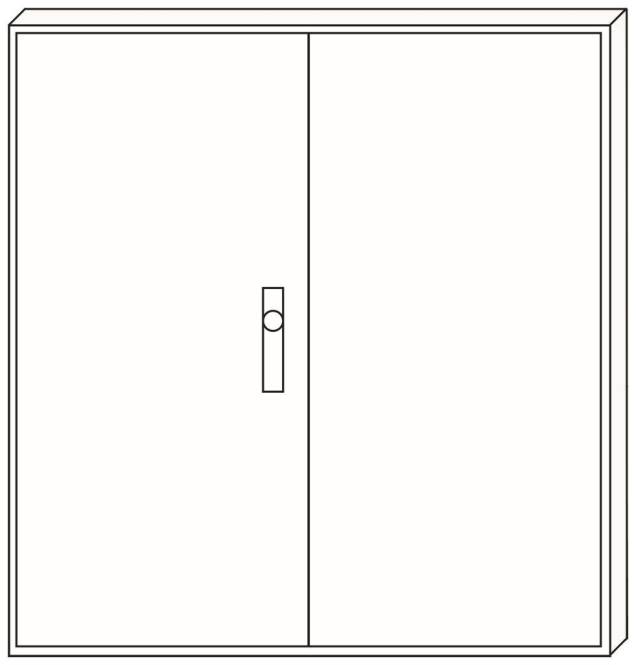 Eine einfache Strichzeichnung eines zweitürigen Schranks mit einem senkrechten Griff, der auf der rechten Tür zentriert ist.