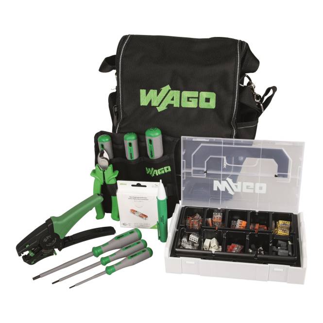 Ein Werkzeugsatz bestehend aus einer schwarzen Tasche mit der Aufschrift „WAGO