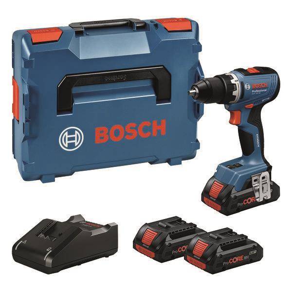 Bosch-Bohrset mit einem kabellosen Bohrer, zwei Akkus, einem Ladegerät und einer Transporttasche.