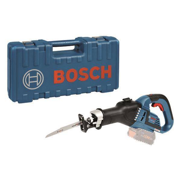Blaurot gestreifte Bosch-Säbelsäge vor einem passenden Transportkoffer mit Bosch-Logo. Das Gerät ist schnurlos und eignet sich für Schneidarbeiten.