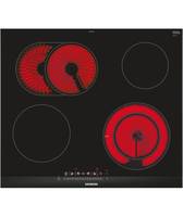 Eine schwarze Keramikkochplatte mit vier Brennern, zwei davon eingeschaltet und glühend rot. Der dritte Brenner ist größer und in eine Doppelzone unterteilt.