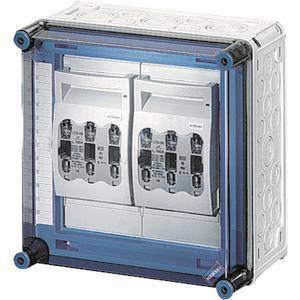 Eine versiegelte elektrische Sicherungskasten mit einer transparenten Abdeckung, die sichtbare Schutzschalter im Inneren zeigt.