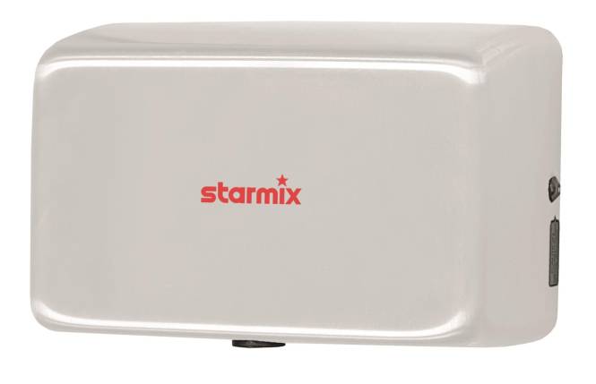 Ein weißer Händetrockner an der Wand montiert mit dem Markennamen „starmix