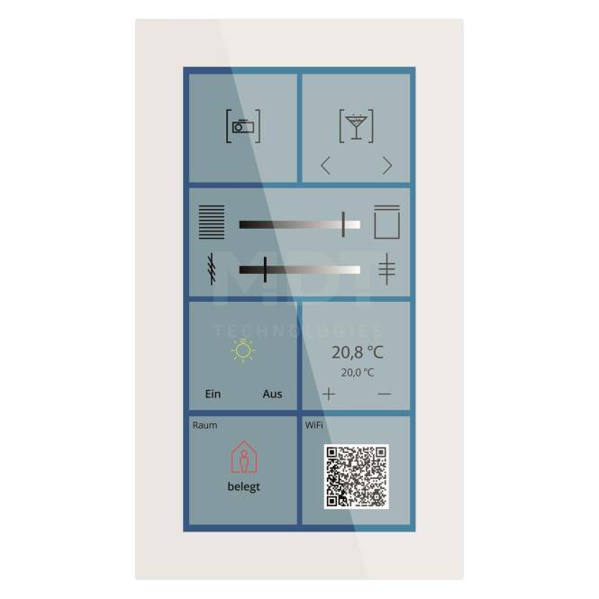 Smart-Home-Steuerfeld mit Symbolen für Beleuchtung, Temperatur (20,8°C), Ton, Jalousien und Wi-Fi. Enthält einen QR-Code.