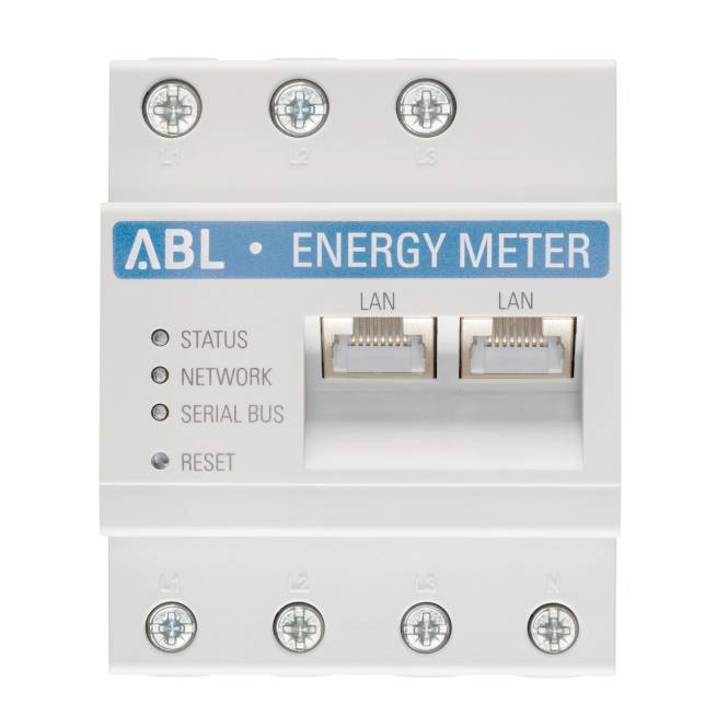 Frontansicht eines ABL-Energiemessgeräts mit Status-, Netzwerk- und Serienbus-Indikatoren, zwei LAN-Anschlüssen und einer Reset-Taste.