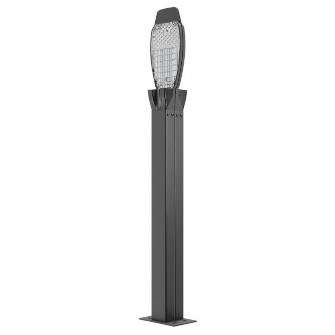 Eine elegante, moderne Außenleuchte mit einem hohen, schlanken und dunkel metallischen Gehäuse, gekrönt von einer breiten, rechteckigen LED-Leuchte.