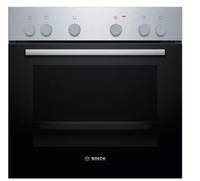 Ein schwarzer und silberner Ofen mit fünf Kontrollknöpfen oben. Der Markenname ist auf der Vorderseite sichtbar. Die Ofentür ist geschlossen.