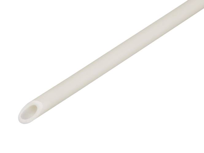 Ein weißes, hohles Kunststoffrohr mit glatter Oberfläche, das sich leicht zu einem Ende hin verjüngt, gezeigt auf einem einfachen weißen Hintergrund.