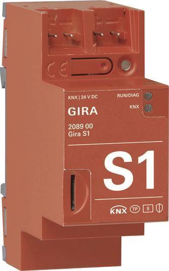 Smart-Home-Gerät, rotes Gira S1 KNX-Modul. Die Vorderansicht zeigt Schaltflächen und Text „GIRA