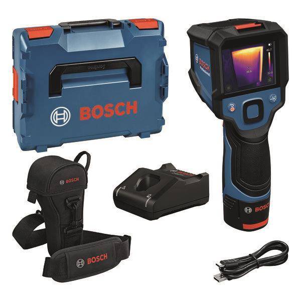 Bosch Wärmbildkamera-Set mit blauem Tragekoffer, tragbarer Kamera, Schultergurt, Ladegerät, Akku und USB-Kabel.