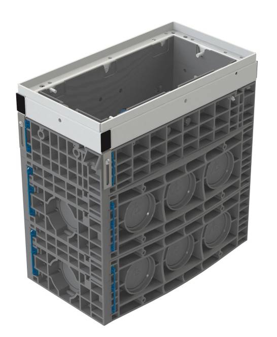 Ein rechteckiger, grauer Lager- oder Gebrauchskasten mit einer gitterartigen Struktur und kreisförmigen Mustern an den Seiten, mit offener Oberseite.