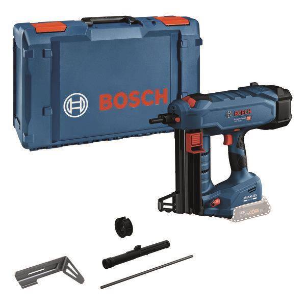 Ein Bosch-Nagel-Set mit einem elektrischen Nagelwerkzeug, blauem Koffer mit der Aufschrift „BOSCH