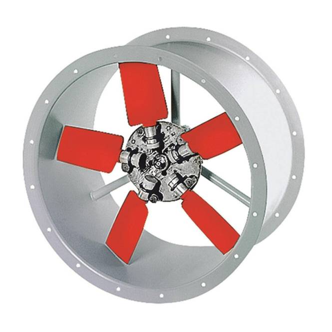 Ein Industrialgebläse mit axialem Luftstrom mit fünf roten Blättern in einem metallischen kreisförmigen Gehäuse.