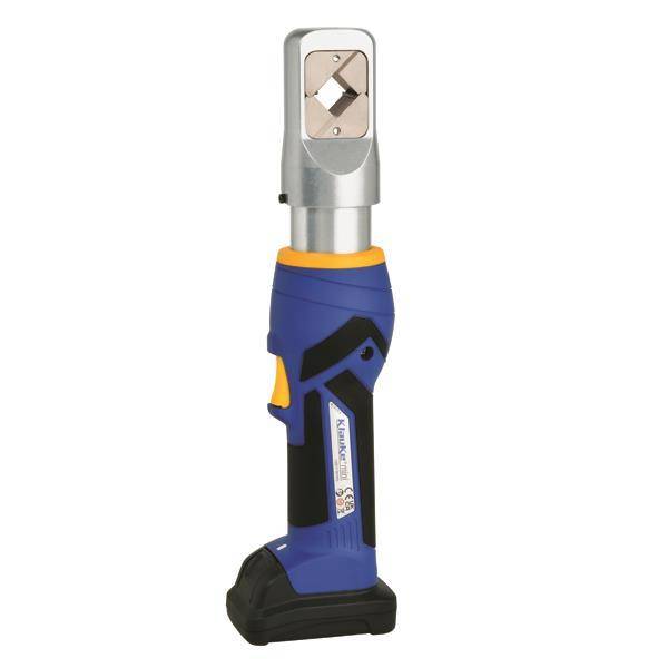 Elektrisches Hydraulik-Crimpwerkzeug mit blauem und gelbem Griff und metallischem Crimpkopf, entwickelt zum Crimpen von elektrischen Steckverbindern.