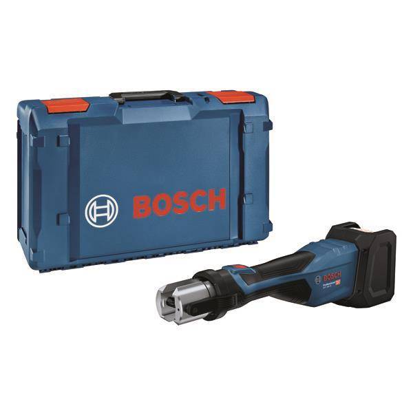 Kabelloses Bosch-Elektrowerkzeug und blauer Transportkoffer mit rotem Bosch-Logo, die Portabilität und Markenidentität zeigen.