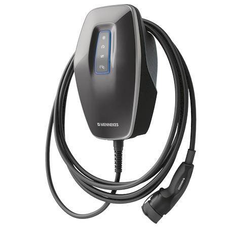 Eine Elektrofahrzeug-Ladestation mit aufgewickeltem Kabel und Stecker, mit schwarzem und grauem Design.