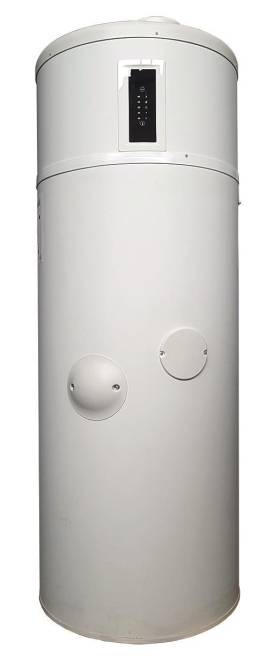 Ein zylindrischer Warmwasserspeicher mit glatter weißer Oberfläche und sichtbaren Zugriffsklappen an der Seite.