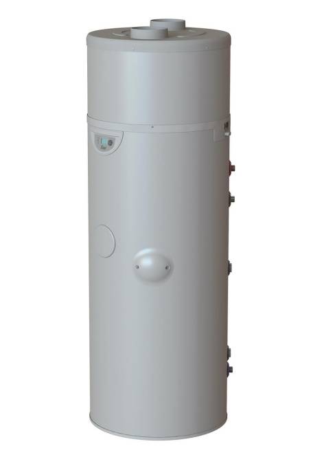 Großer weißer Warmwasserspeicher mit Bedienelementen oben, zylindrisches Design, für den Hausgebrauch geeignet.