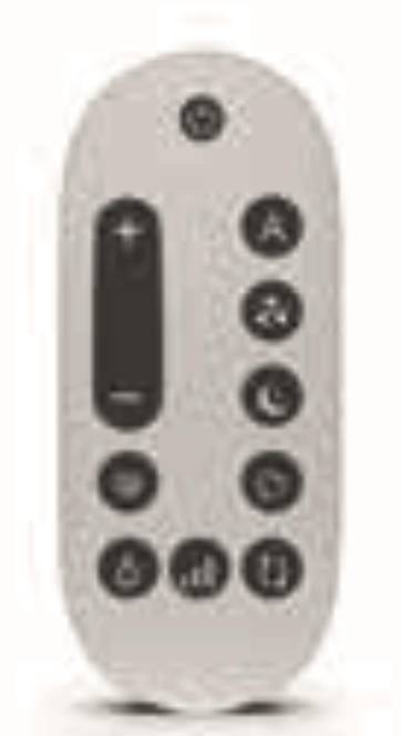 Fernbedienung mit Tasten für Lautstärke, Ein-/Ausschalter und sechs runden Tasten mit verschiedenen Symbolen, möglicherweise für unterschiedliche Funktionen.