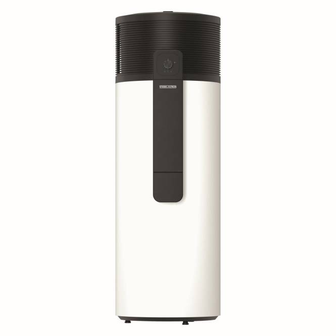 Ein moderner, zylindrischer Warmwasserspeicher mit weißem Korpus und schwarzer Oberseite, mit einem sichtbaren Bedienfeld auf der Vorderseite.