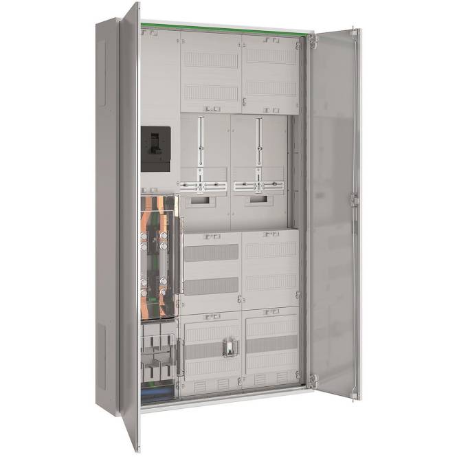 Ein offener Elektroschrank mit verschiedenen Stromleitungen und Komponenten, der zur Verwaltung der elektrischen Verteilung in einem Gebäudesystem verwendet wird.