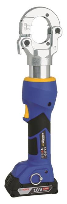 Ein blau und gelbes Elektrowerkzeug, wahrscheinlich ein kabelloses Schraubendreher, mit schwarzem Griff und metallischer Oberseite, in einer Nahaufnahme gezeigt.