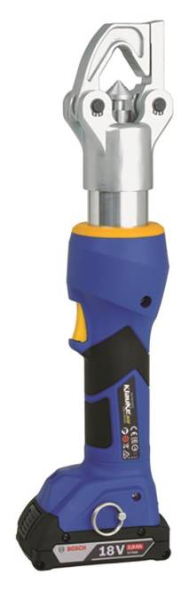 Ein Nahaufnahmebild eines blau-gelben Elektrowerkzeuggriffs mit Fokus auf den Griffbereich, möglicherweise verwendet für Handwerk oder Reparaturen.